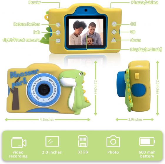 Cámara digital HD 1080P para niños con tarjeta SD de 32 GB con Funda de silicona suave de dinosaurio y pegatina, cámara para niños 
