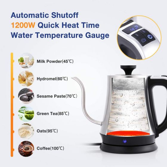 ISENPENK 1L Hervidor de Agua 1200W Hervidor Eléctrico Control de Temperatura, Acero Inoxidable sin BPA Aislamiento Térmico con Cuello Cisne, Pantalla LCD, Base Giratoria de 360 °, Apagado Auto|