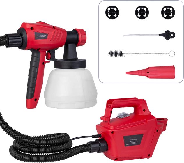 METERKC Pulverizador de pintura, pistola de pulverización eléctrica de alta potencia de 44.0 fl oz, 800 W, pistola de pulverización Hvlp, manguera de aire de 5.9 ft, 3 tamaños de boquilla y 3 patrones de pulverización, adecuado para muebles, armarios,