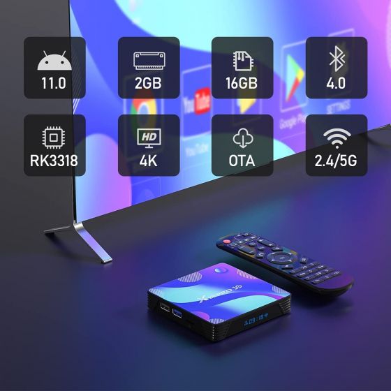 TV Box Android 11.0, X10 Smart Box 2GB RAM 16GB ROM RK3318 Quad-Core 64bit Cortex-A53 CPU 2.4GHz+5GHz WiFi 4K UHD Bluetooth 4.0 USB 3.0       