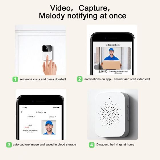 Timbres de video inalámbricos, Timbre de cámara inteligente WiFi con timbre, Timbre recargable con audio de 2 vías, almacenamiento gratuito en la nube       