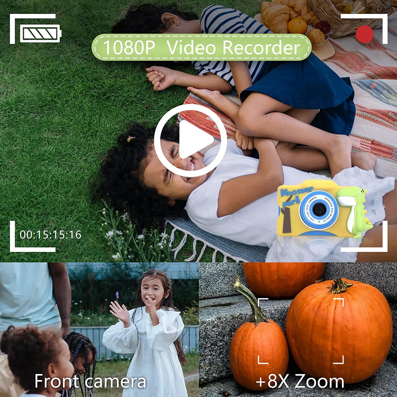 Cámara digital HD 1080P para niños con tarjeta SD de 32 GB con Funda de silicona suave de dinosaurio y pegatina, cámara para niños 