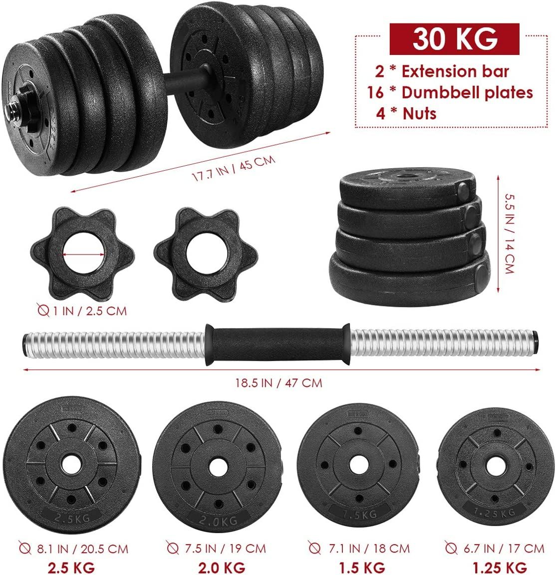 Kit de Mancuernas de 30 KG Ajustable Juego de 2 Pesas con Mancuernas Juego de Pesas con Barra 