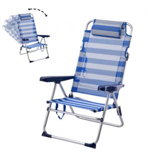 [Pack de 2] Silla de Playa Plegable y Reclinable con Cojín de 5 Posiciones de Aluminio y textileno 57X31X62/101CM Raya Azul x2