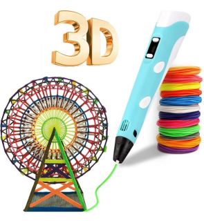 Bolígrafo inteligente 3D Arzopa pantalla LED carga USB, PLA y ABS compatible 3m Azul Bolígrafo 3D para niños y adultos Con 12 Colores