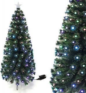 Árbol de Navidad Verde LED 180CM Árbol de Fibra Óptica de Navidad con el Cambio de Color Luz LED + Fibra Óptica con Soporte Metálico (180CM, Óptica con diamente)