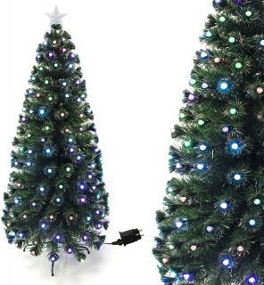 Árbol de Navidad Verde LED 150CM Árbol de Fibra Óptica de Navidad con el Cambio de Color Luz LED + Fibra Óptica con Soporte Metálico (150CM, Óptica con diamente)