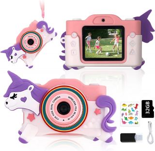 Cámara para niños, cámara digital HD para niños pequeños con cubierta de silicona suave de dibujos animados y calcomanías de dibujos animados, el mejor regalo de cumpleaños para niños de 3, 4, 5, 6, 7, 8, 9 años con tarjeta SD de 32 GB, rosa       