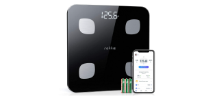 Báscula de grasa corporal Roffie, analizador digital inteligente, sincronización con app, alta precisión, 0.8in grosor, 400lb, negro