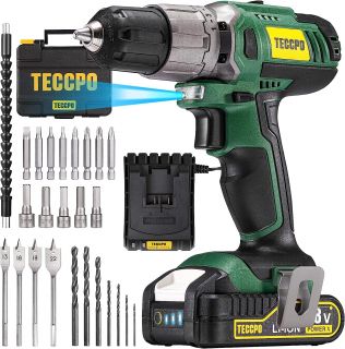 Taladro Atornillador 18V, TECCPO Destornillador Eléctrico, 30N.m Par Máx, Taladro Inalámbrico 2000mAh, 26 Accesorios, Carga Rápida