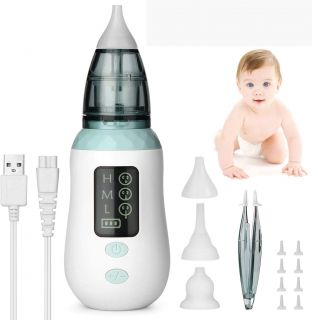 Aspirador nasal, pantalla LCD de carga USB con 3 niveles de succión 3 tamaños Puntas de silicona, para recién nacidos, niños pequeños y bebés       