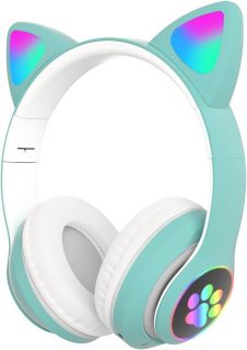 Diadema Auricular Gamer Plegable con Orejas de Gato para Niñas con Luz LED RGB de Colores y Cancelación de Ruido Verde