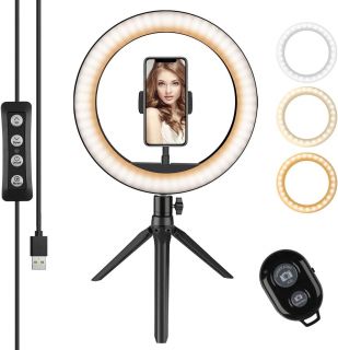 Ring Light LED de 10 pulgadas con trípode, control remoto Bluetooth y 3 modos de luz ajustables en 10 niveles de brillo. Soporte almacenable para selfies y ideal para transmisiones en vivo y selfies con tu móvil