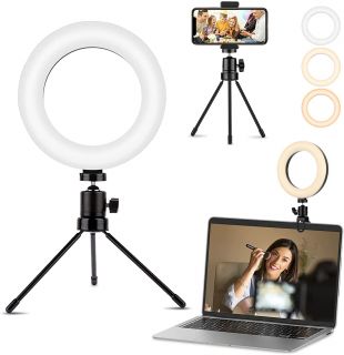 6.3Pulgadas Mini Selfie Aro de Luz, Led Luz de Anillo para Tripode con 3 Modos 10 Brillos para Maquillaje/Streaming/Fotografia/Youtube Videos, Soporte Adicional para Teléfono Compatible con iPhone/Android       