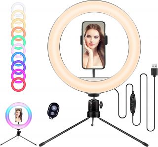 Anillo de Luz con Trípode 10 Pulgadas Luz de Anillo LED 10 Brillos Aro de Luz RGB con Control Remoto Bluetooth para Movil Selfie Maquillaje Fotografía