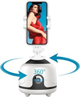 Soporte inteligente para Selfies con seguimiento facial y rotación de 360 para cualquier modelo de teléfono. Incluye reconocimiento de múltiples caras y soporte para cámara de disparo