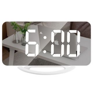  Reloj Despertador Digital Alarma de Espejo con Pantalla LED Brillo Ajustable Función Snooze Control De Voz para Dormitorio Oficina Cocina