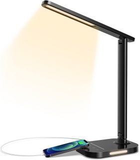 Lámpara Led para Escritorio y Mesa Nocturna, 10 Brillos y Temperatura de 5 Colores, USB, Temporizador, Control Táctil y Función de Memoria