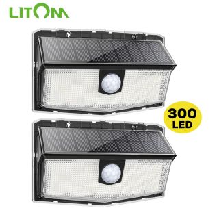 LITOM Luz led solar de pared para exteriores, impermeable IP67, 300 LED, 3 modos inteligentes, sensor inalámbrico, decoración de jardín|