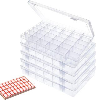 Odowalker Paquete de 5 cajas organizadoras de plástico transparente de 36 rejillas con divisores ajustables, contenedor de almacenamiento, joyero para abalorios, piezas de manualidades, tablero de letras, aparejos de pesca, colección de rocas con 2000 peg