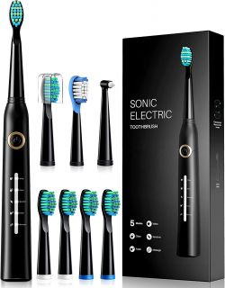 Cepillo de dientes eléctrico negro, sónico con 8 cabezales, 5 modos y carga para 30 días. IPX7 impermeable