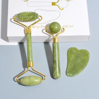Rodillo verde de Jade Natural  herramientas de adelgazamiento y relajación  3 unid set  4 en 1  Gua Sha Producto adelgazante   