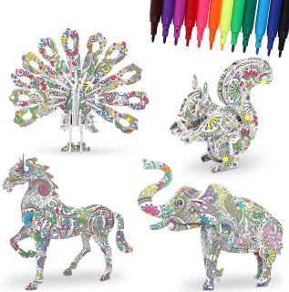 Kit de rompecabezas 3D para colorear animales, con 12 marcadores, regalo educativo para el desarrollo intelectual y familiar, manualidades para niños de 5 a 12 años